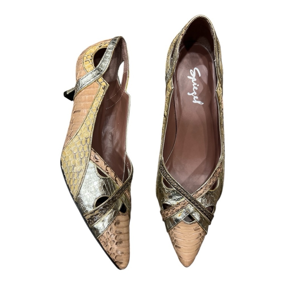 Vintage Spiegel snakeskin Leather gold & beige tones pointed toe kitten heel 8